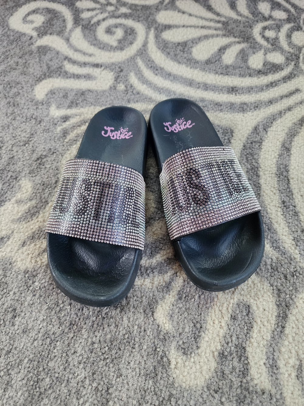 Justice Girls' Black Slide Sandals with Rhinestone Strap